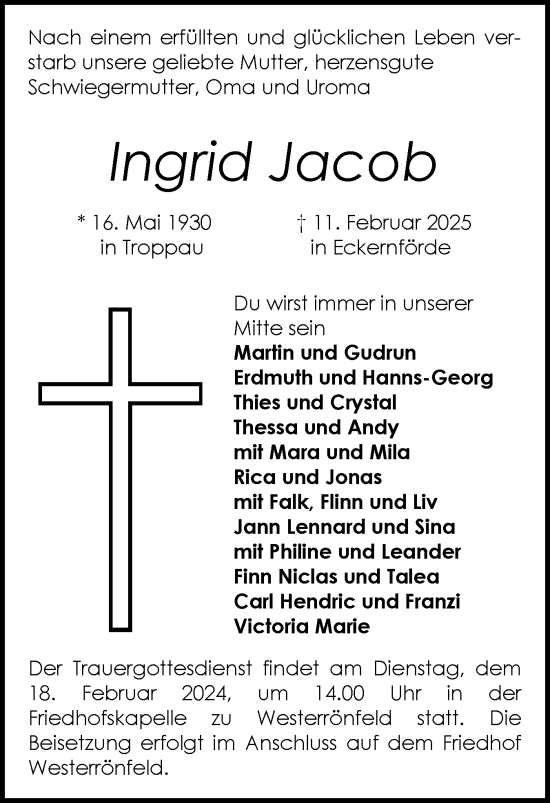 Traueranzeige von Ingrid Jacob von Schleswig-Holsteinische Landeszeitung