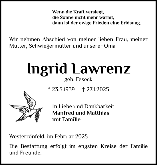 Traueranzeige von Ingrid Lawrenz von Schleswig-Holsteinische Landeszeitung