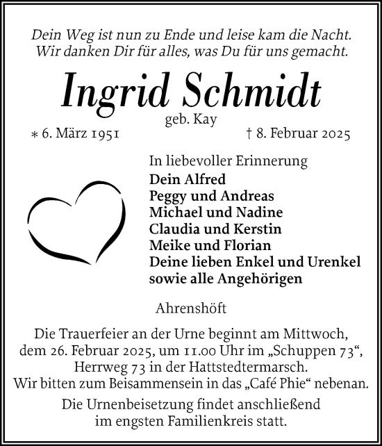 Traueranzeige von Ingrid Schmidt von Husumer Nachrichten, Nordfriesland Tageblatt