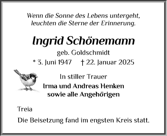 Traueranzeige von Ingrid Schönemann von Husumer Nachrichten, Nordfriesland Tageblatt