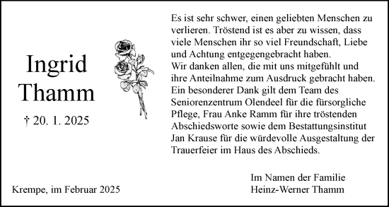 Traueranzeige von Ingrid Thamm von Norddeutsche Rundschau, Wilstersche Zeitung, Glückstädter Fortuna