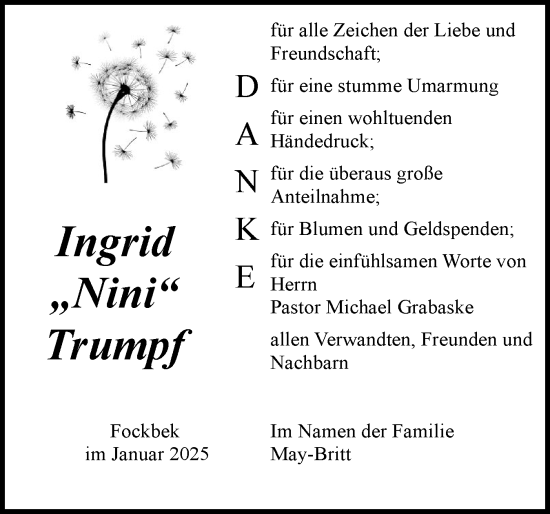 Traueranzeige von Ingrid Trumpf von Schleswig-Holsteinische Landeszeitung