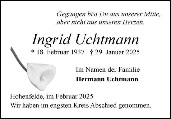 Traueranzeige von Ingrid Uchtmann von Elmshorner Nachrichten, Barmstedter Zeitung