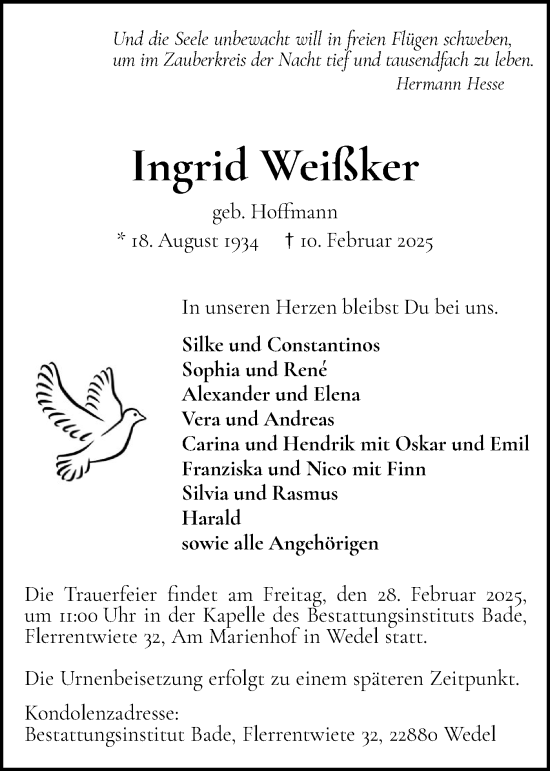 Traueranzeige von Ingrid Weißker von Wedel-Schulauer Tageblatt, tip Wedel-Schulauer Tageblatt, tip Rissener Rundschau