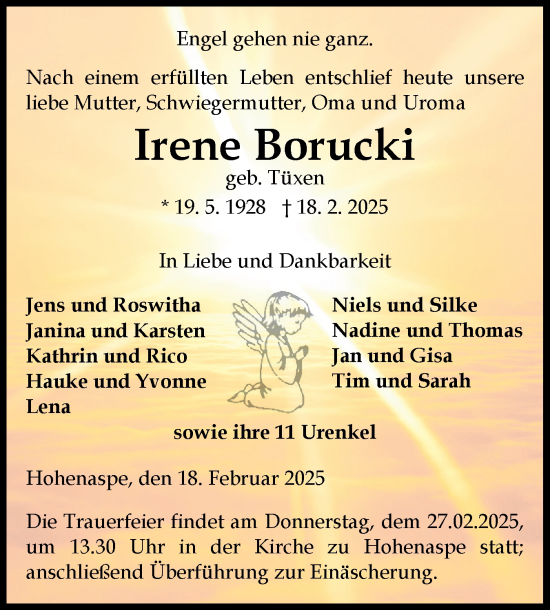 Traueranzeige von Irene Borucki von Norddeutsche Rundschau, Wilstersche Zeitung, Glückstädter Fortuna