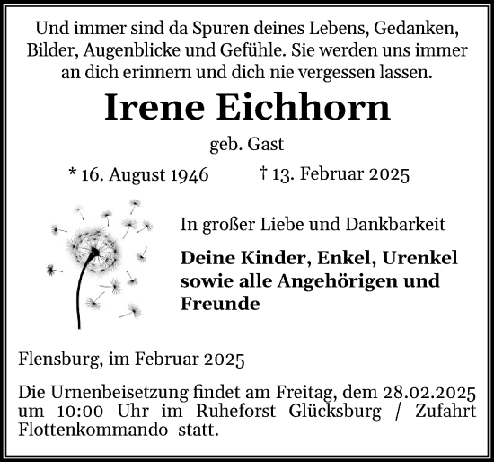 Traueranzeige von Irene Eichhorn von Flensburger Tageblatt
