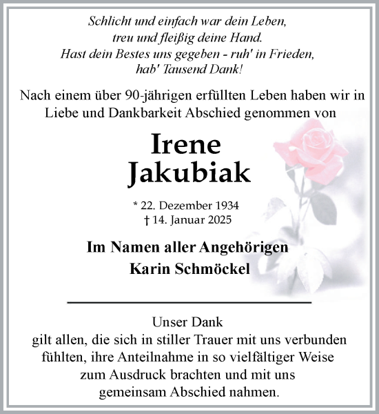 Traueranzeige von Irene Jakubiak von MARKT Ratzeburg/Mölln