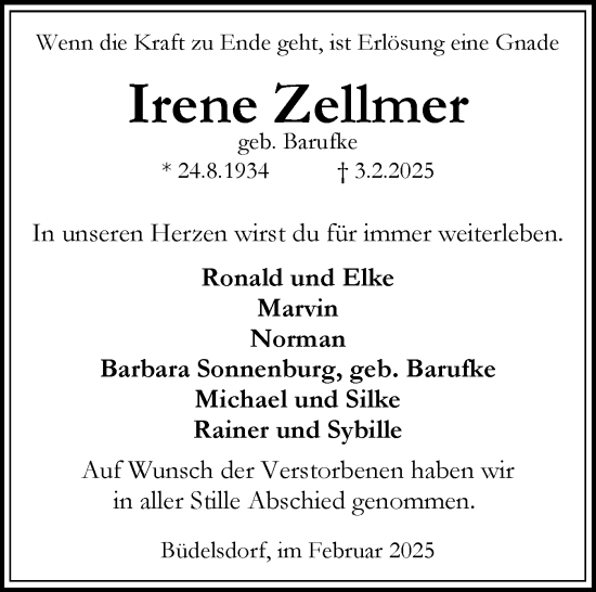 Traueranzeige von Irene Zellmer von Schleswig-Holsteinische Landeszeitung