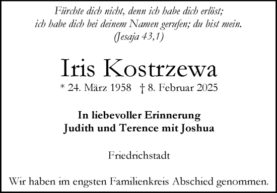 Traueranzeige von Iris Kostrzewa von Husumer Nachrichten, Nordfriesland Tageblatt