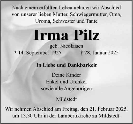 Traueranzeige von Irma Pilz von Husumer Nachrichten, Nordfriesland Tageblatt