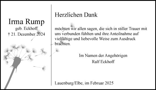 Traueranzeige von Irma Rump von Wochenend Anzeiger