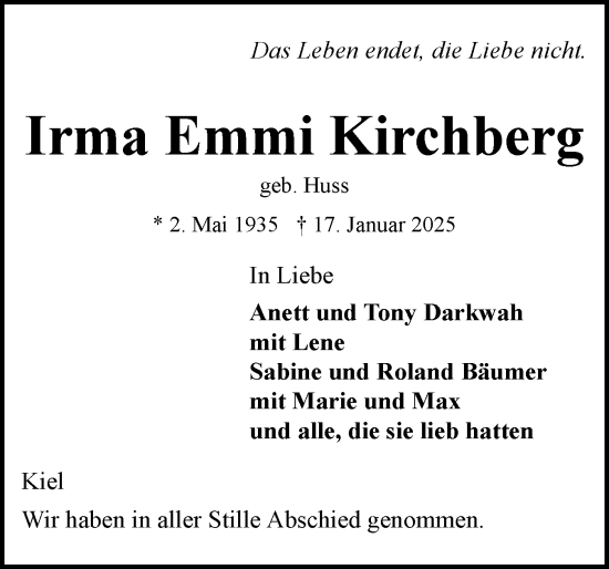 Traueranzeige von Irma Emmi Kirchberg von Eckernförder Zeitung, Hallo Eckernförde