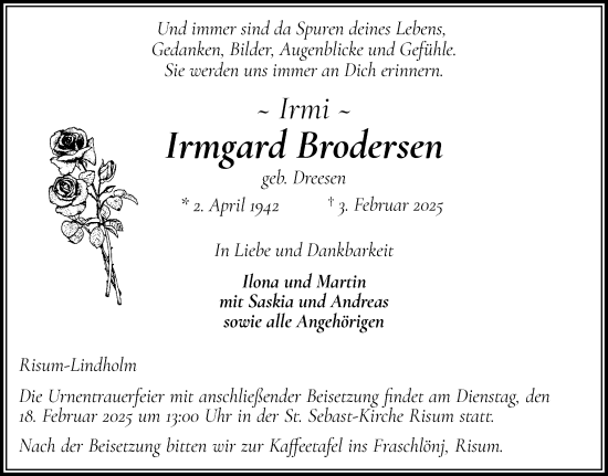 Traueranzeige von Irmgard Brodersen von Husumer Nachrichten, Nordfriesland Tageblatt