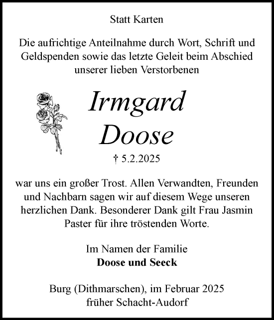 Traueranzeige von Irmgard Doose von Schleswig-Holsteinische Landeszeitung
