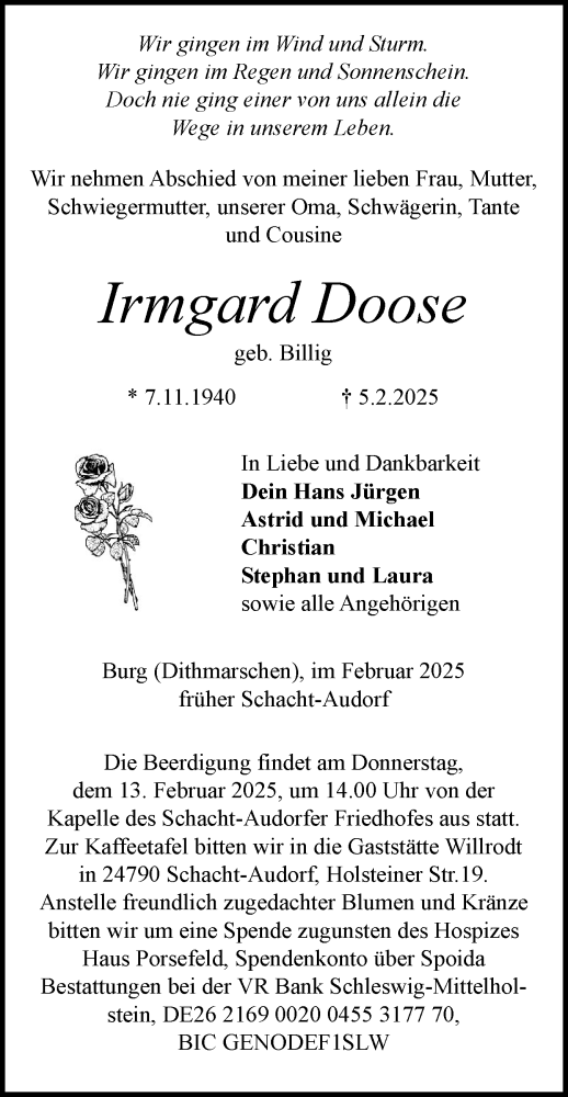Traueranzeige von Irmgard Doose von Schleswig-Holsteinische Landeszeitung
