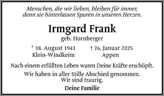 Traueranzeige von Irmgard Frank von Region Pinneberg und tip Pinneberg