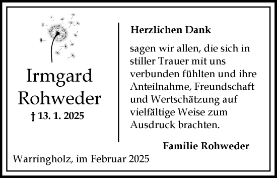 Traueranzeige von Irmgard Rohweder von Norddeutsche Rundschau, Wilstersche Zeitung, Glückstädter Fortuna