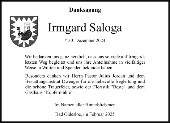 Traueranzeige von Irmgard Saloga von MARKT Bad Oldesloe/Reinfeld, MARKT Ahrensburg/Bargteheide/Trittau und Stormarner Tageblatt