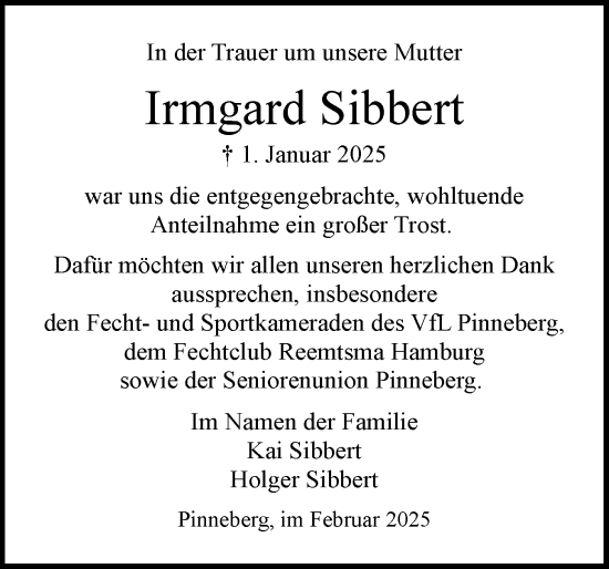 Traueranzeige von Irmgard Sibbert von Region Pinneberg und tip Pinneberg