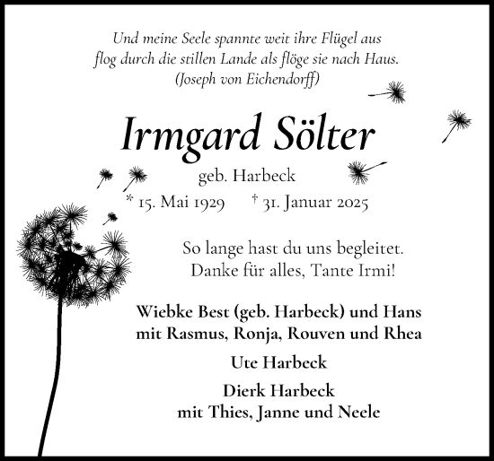Traueranzeige von Irmgard Sölter von Elmshorner Nachrichten, Barmstedter Zeitung