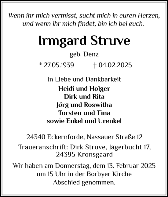 Traueranzeige von Irmgard Struve von Hallo Eckernförde