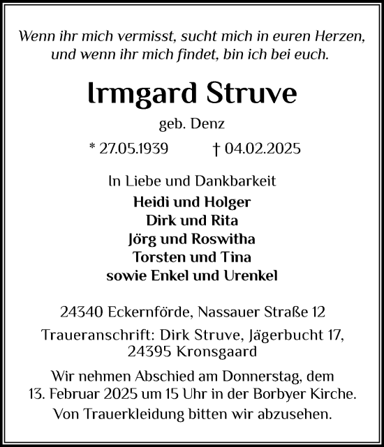 Traueranzeige von Irmgard Struve von Eckernförder Zeitung