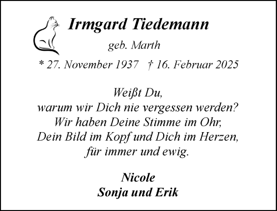 Traueranzeige von Irmgard Tiedemann von MARKT Ahrensburg/Bargteheide/Trittau und Stormarner Tageblatt