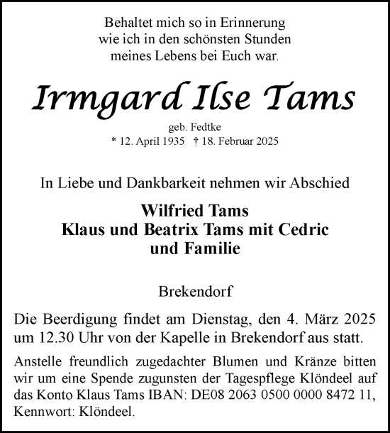Traueranzeige von Irmgard Ilse Tams von Schleswig-Holsteinische Landeszeitung