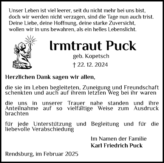 Traueranzeige von Irmtraut Puck von Schleswig-Holsteinische Landeszeitung