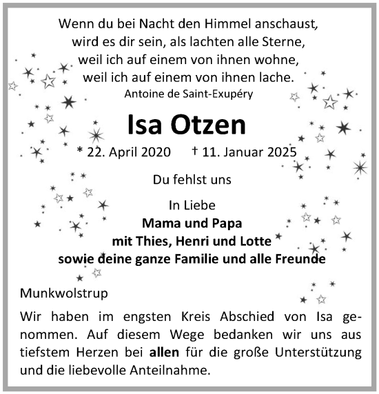 Traueranzeige von Isa Otzen von Flensburger Tageblatt