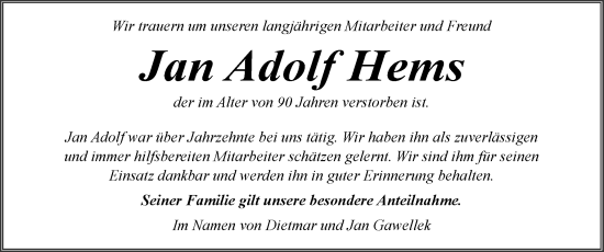 Traueranzeige von Jan Adolf Hems von Husumer Nachrichten, Nordfriesland Tageblatt