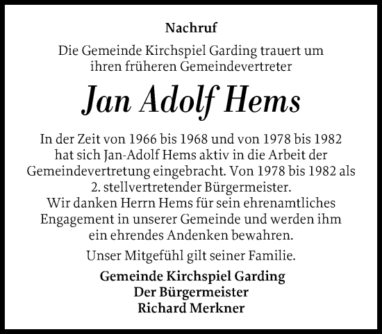 Traueranzeige von Jan Adolf Hems von Husumer Nachrichten, Nordfriesland Tageblatt