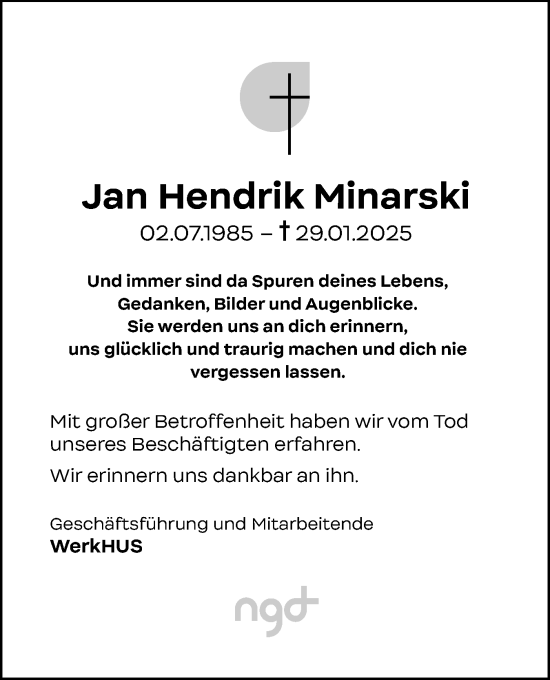 Traueranzeige von Jan Hendrik Minarski von Husumer Nachrichten, Nordfriesland Tageblatt