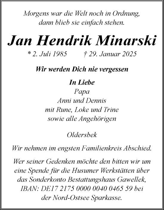 Traueranzeige von Jan Hendrik Minarski von Husumer Nachrichten, Nordfriesland Tageblatt