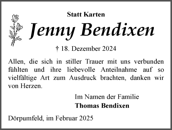Traueranzeige von Jenny Bendixen von Husumer Nachrichten, Nordfriesland Tageblatt