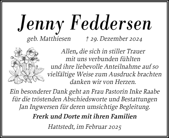 Traueranzeige von Jenny Feddersen von Husumer Nachrichten, Nordfriesland Tageblatt