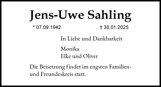 Traueranzeige von Jens-Uwe Sahling von Heimatspiegel