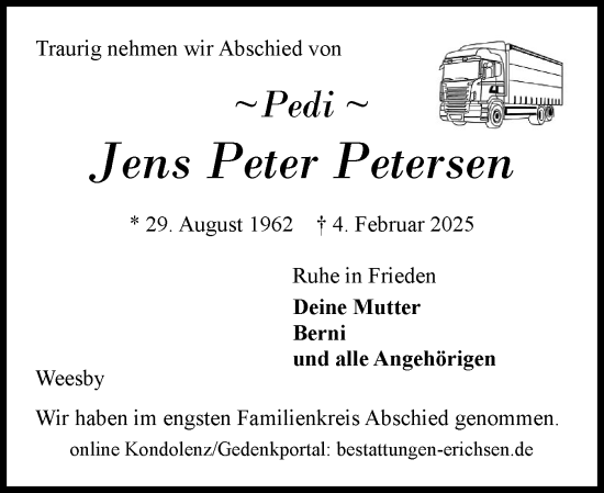 Traueranzeige von Jens Peter Petersen von Flensburger Tageblatt