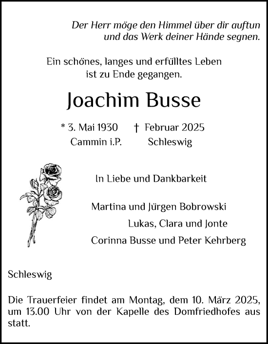 Traueranzeige von Joachim Busse von Schleswiger Nachrichten, Schlei-Bote