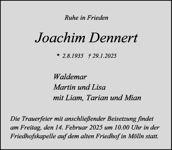 Traueranzeige von Joachim Dennert von MARKT Ratzeburg/Mölln