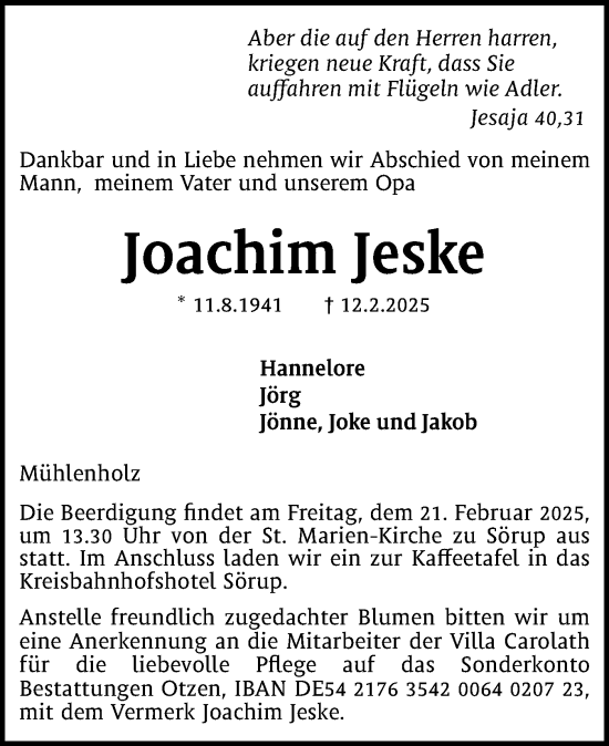 Traueranzeige von Joachim Jeske von Flensburger Tageblatt