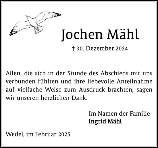 Traueranzeige von Jochen Mähl von Wedel-Schulauer Tageblatt, tip Wedel-Schulauer Tageblatt, tip Rissener Rundschau