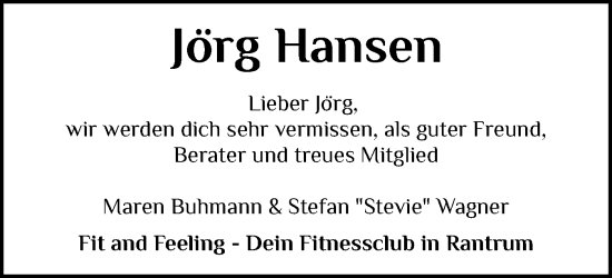 Traueranzeige von Jörg Hansen von Region Westküste