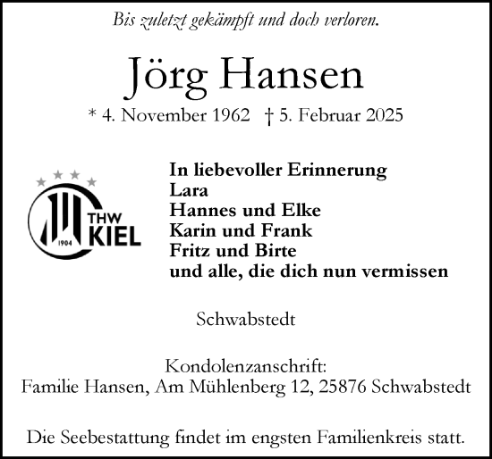 Traueranzeige von Jörg Hansen von Husumer Nachrichten, Nordfriesland Tageblatt