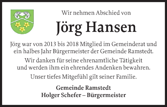 Traueranzeige von Jörg Hansen von Husumer Nachrichten, Nordfriesland Tageblatt