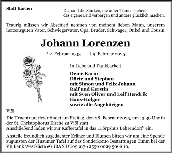 Traueranzeige von Johann Lorenzen von Husumer Nachrichten, Nordfriesland Tageblatt