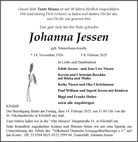 Traueranzeige von Johanna Jessen von Husumer Nachrichten, Nordfriesland Tageblatt