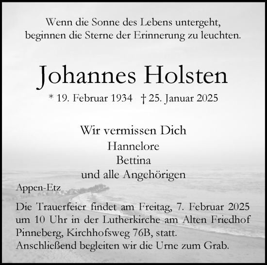 Traueranzeige von Johannes Holsten von Region Pinneberg und tip Pinneberg
