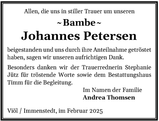Traueranzeige von Johannes Petersen von Husumer Nachrichten, Nordfriesland Tageblatt