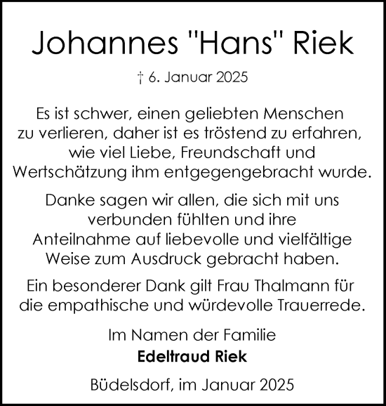 Traueranzeige von Johannes Riek von Schleswig-Holsteinische Landeszeitung
